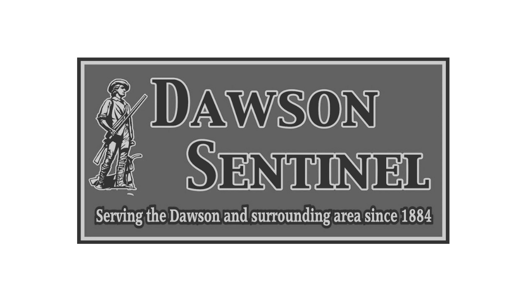A black and gray sign for Dawson Sentinel featuring a historic illustration of a man with a rifle. The text reads "Dawson Sentinel" and "Serving the Dawson and surrounding area since 1884."