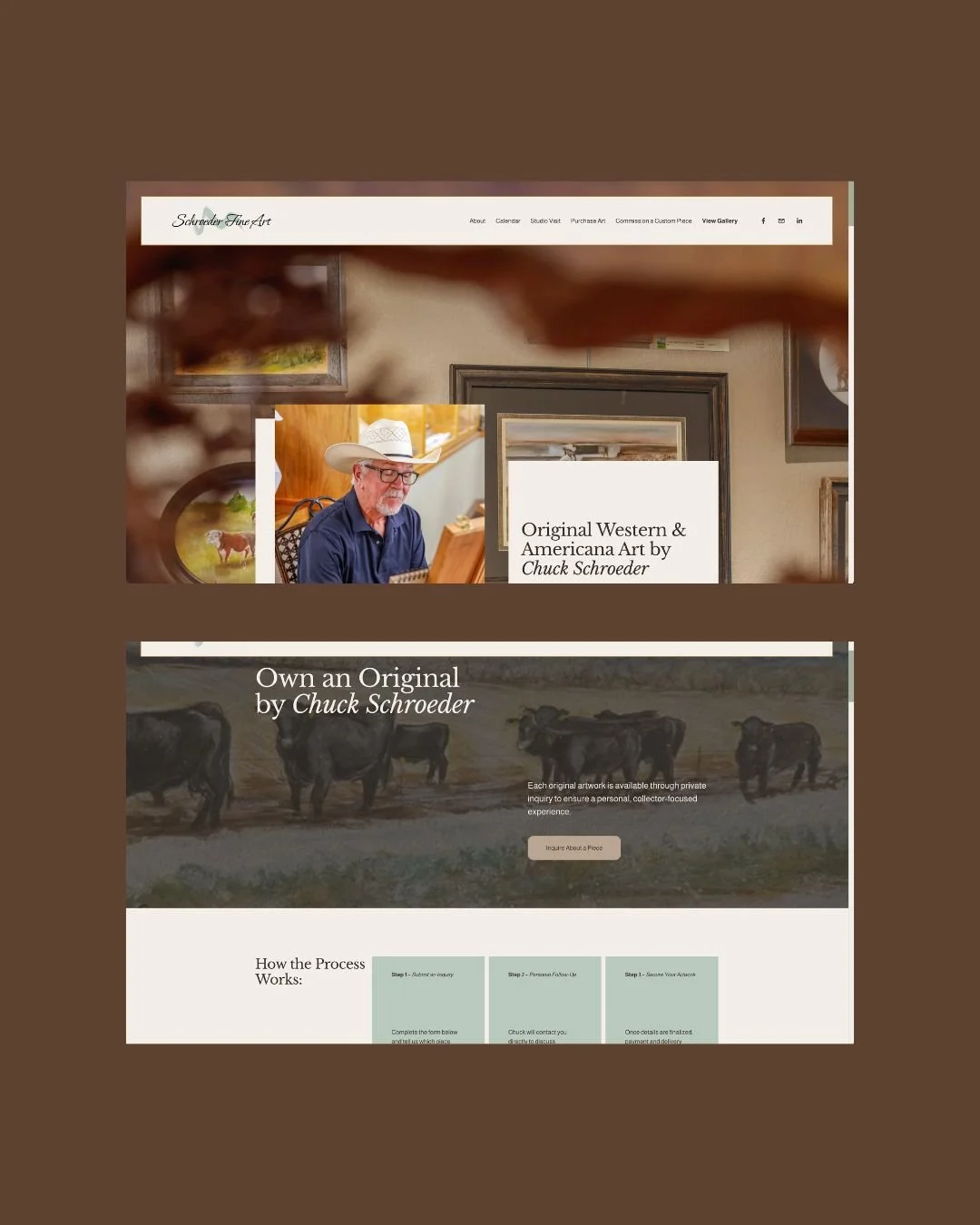 Screenshot of an art website featuring original Western and Americana art by Chuck Schroeder, with images of cows and an artist painting.