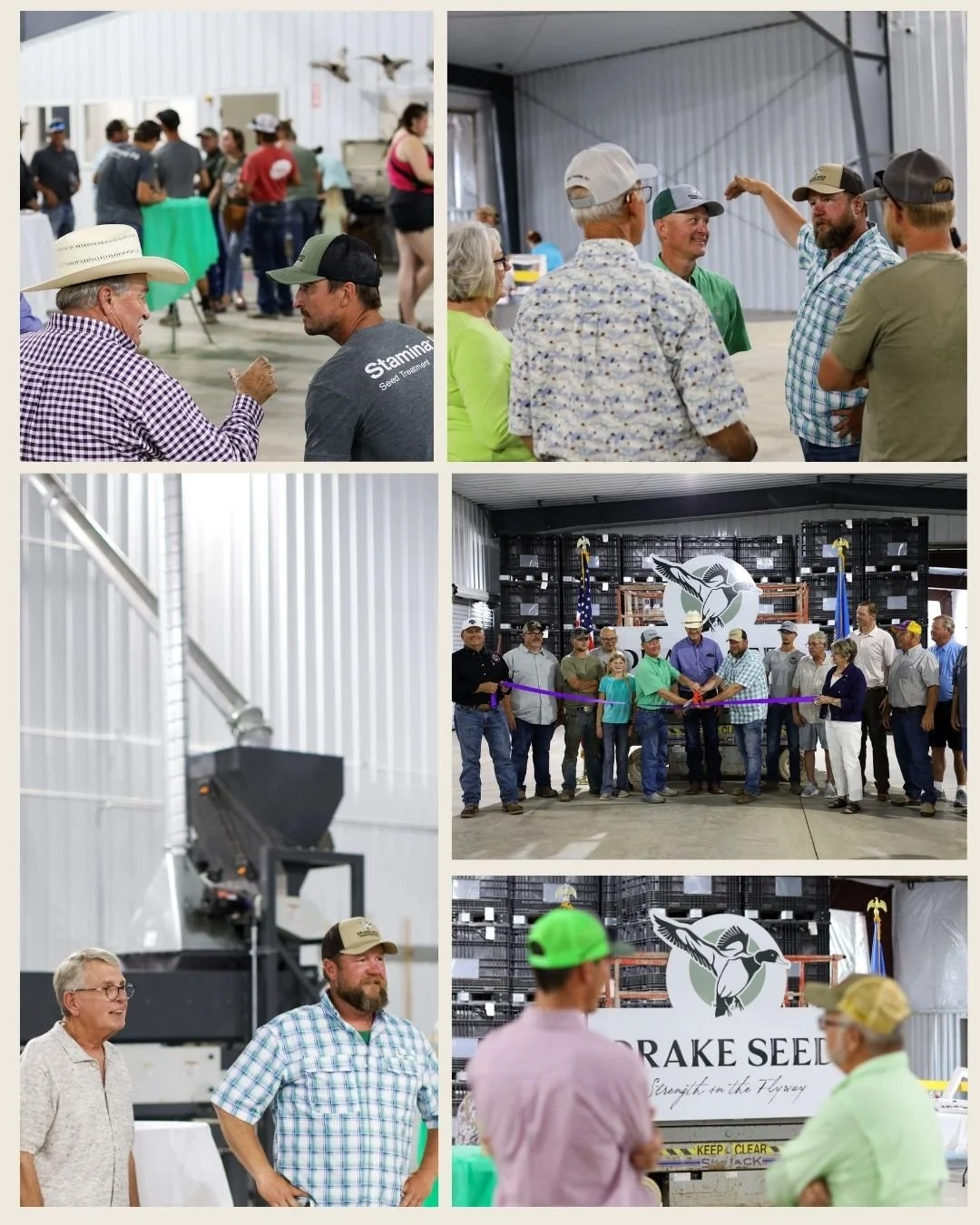 Gathering of people at a seed event, including speakers, attendees, and a ribbon-cutting ceremony at a farming or agricultural facility, with a backdrop featuring a logo of a bird and the words 'DRAKE SEED.'