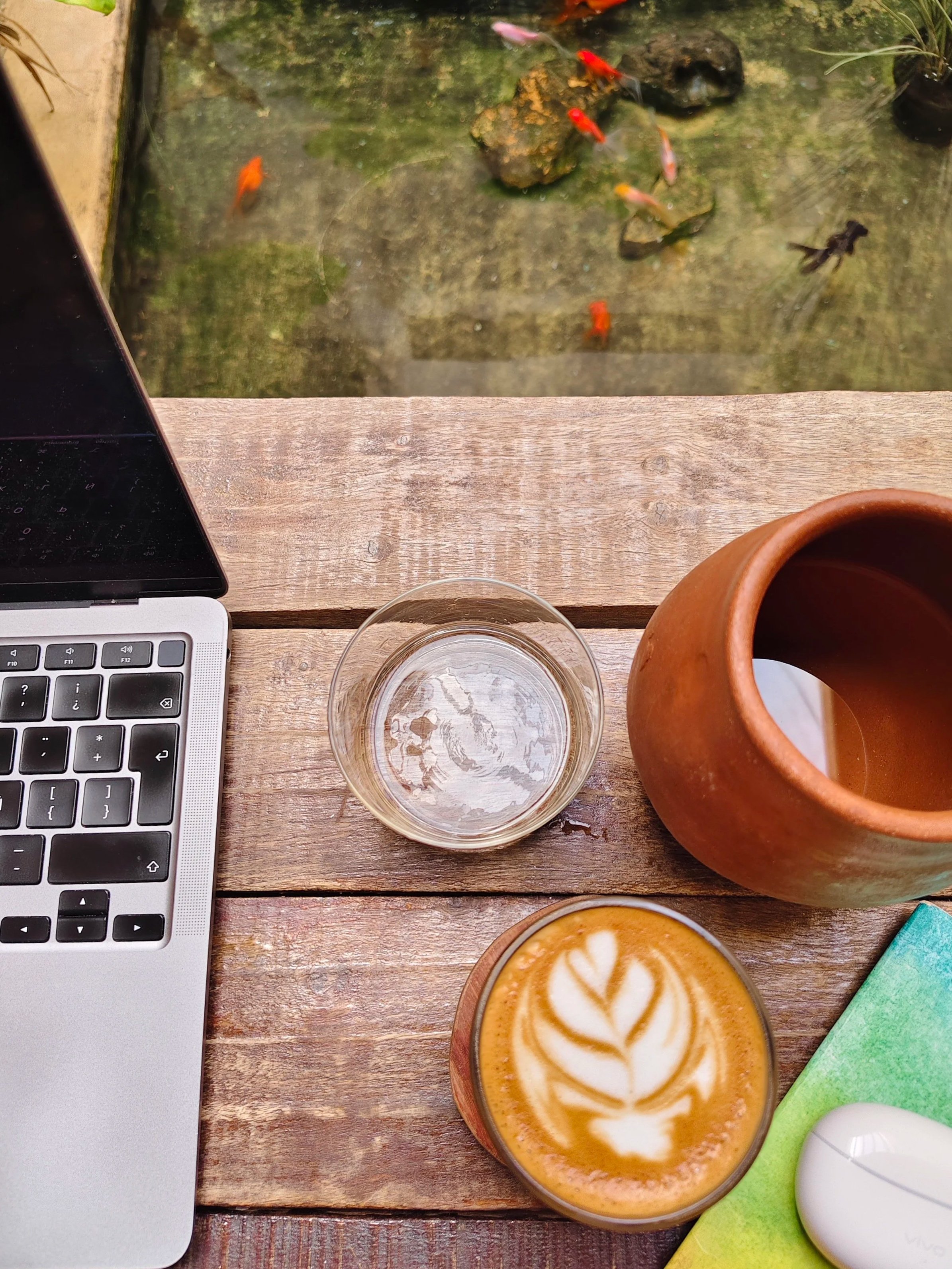 Mesa de madera con una laptop en la esquina inferior izquierda, un vaso de agua en el centro, una taza de café con arte latte en la parte inferior, una maceta de barro grande en la parte derecha, una esponja verde y un cepillo en la esquina inferior derecha. Al fondo, una vista de un acuario con peces pequeños de diferentes colores y rocas.