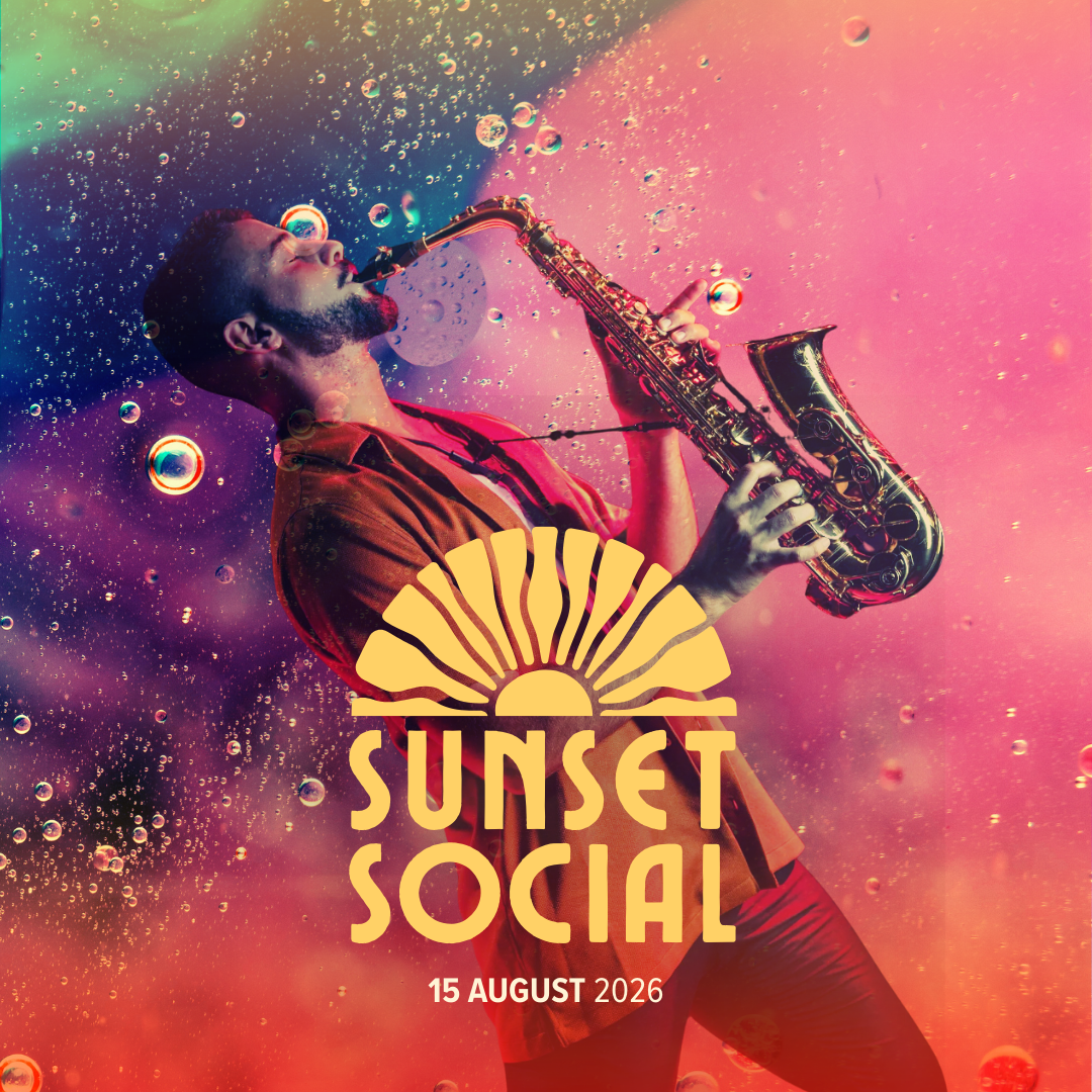 A musician playing a saxophone in a colorful, abstract background with bubbles and rainbow hues, promoting the Sunset Social event on August 15, 2026.