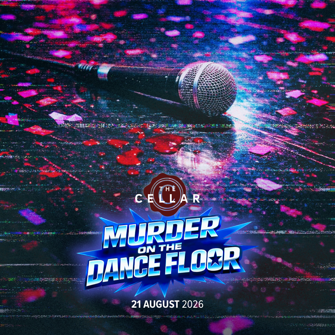 A microphone lying on a wet dance floor with colorful reflections and pink heart-shaped confetti. The event title 'Murder on the Dance Floor' is displayed with the date August 21, 2026, and the logo 'The Cellar'.