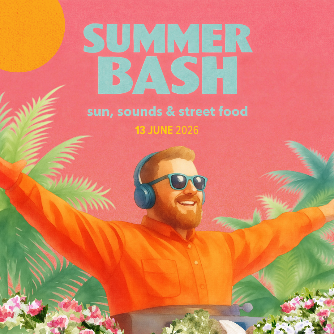 Digital illustration of a man with red hair and beard wearing sunglasses and headphones, smiling and spreading arms in front of a summer-themed background with palm trees, flowers, and a pink and orange sky. Text reads 'Summer Bash, sun, sounds & street food, 13 June 2026'.