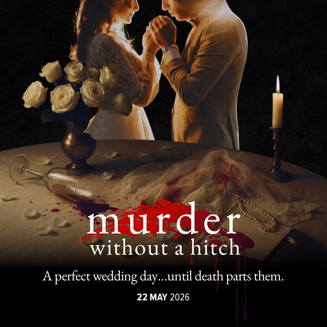 A wedding scene with a newlywed couple holding hands in front of a table, lit by a single candle, with a spilled wine glass, rose petals, and a veil on the table, and the word 'murder' in red and white text along with the phrase 'without a hitch' and a tagline about death.