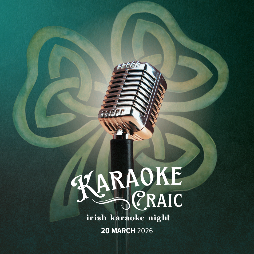 A vintage microphone with a green shamrock design in the background and text advertising an Irish karaoke night at Karaoke Craic on March 20, 2026.