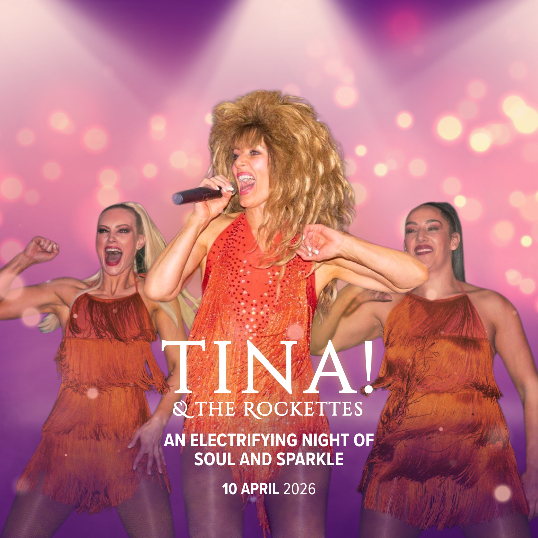 Poster featuring Tina Turner singing into a microphone with backup dancers, promoting a concert on April 10, 2026, titled 'An Electrifying Night of Soul and Sparkle'