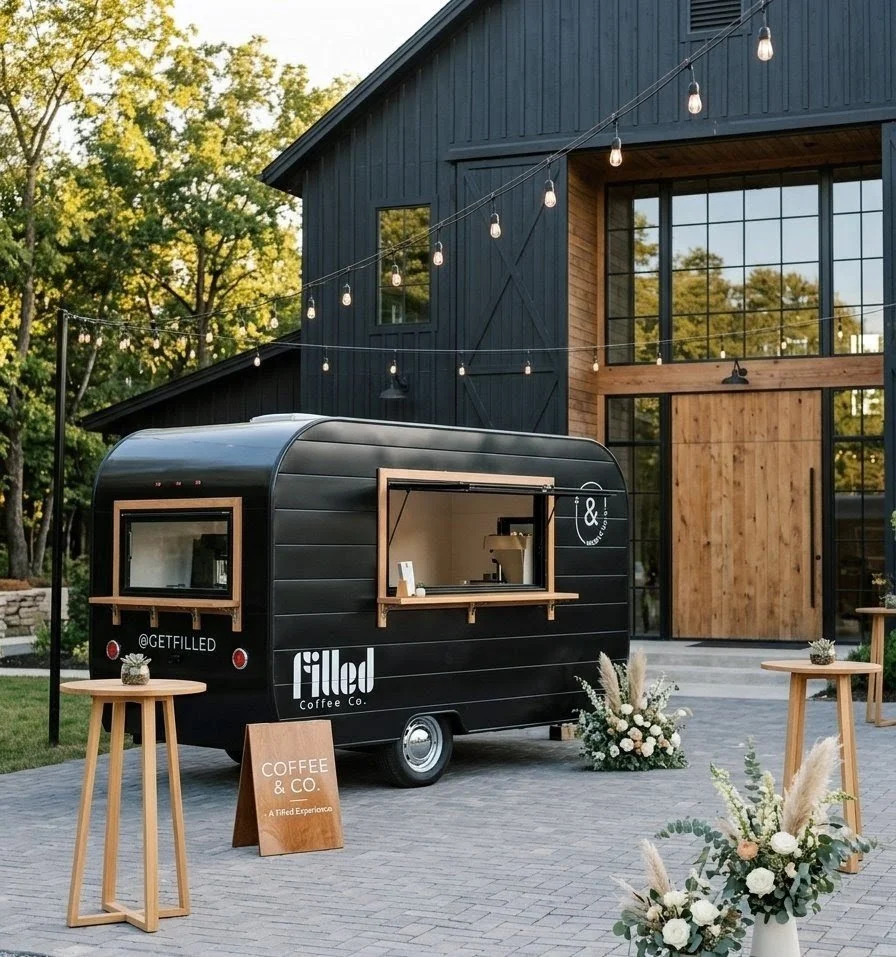Black coffee trailer with the logo 'filled Coffee Co.' parked outside a modern black and wood building, with string lights overhead and flowers in front and nearby.