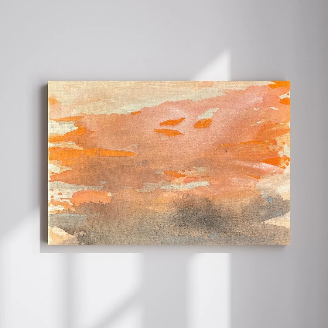 Entdecke die beruhigende Sch&ouml;nheit dieses handgemalten Aquarells in warmen Orange- und Erdt&ouml;nen, das die Magie eines Sonnenuntergangs einf&auml;ngt. Ideal f&uuml;r moderne Wohnr&auml;ume und perfekt als stimmungsvolle Wanddekoration, bringt