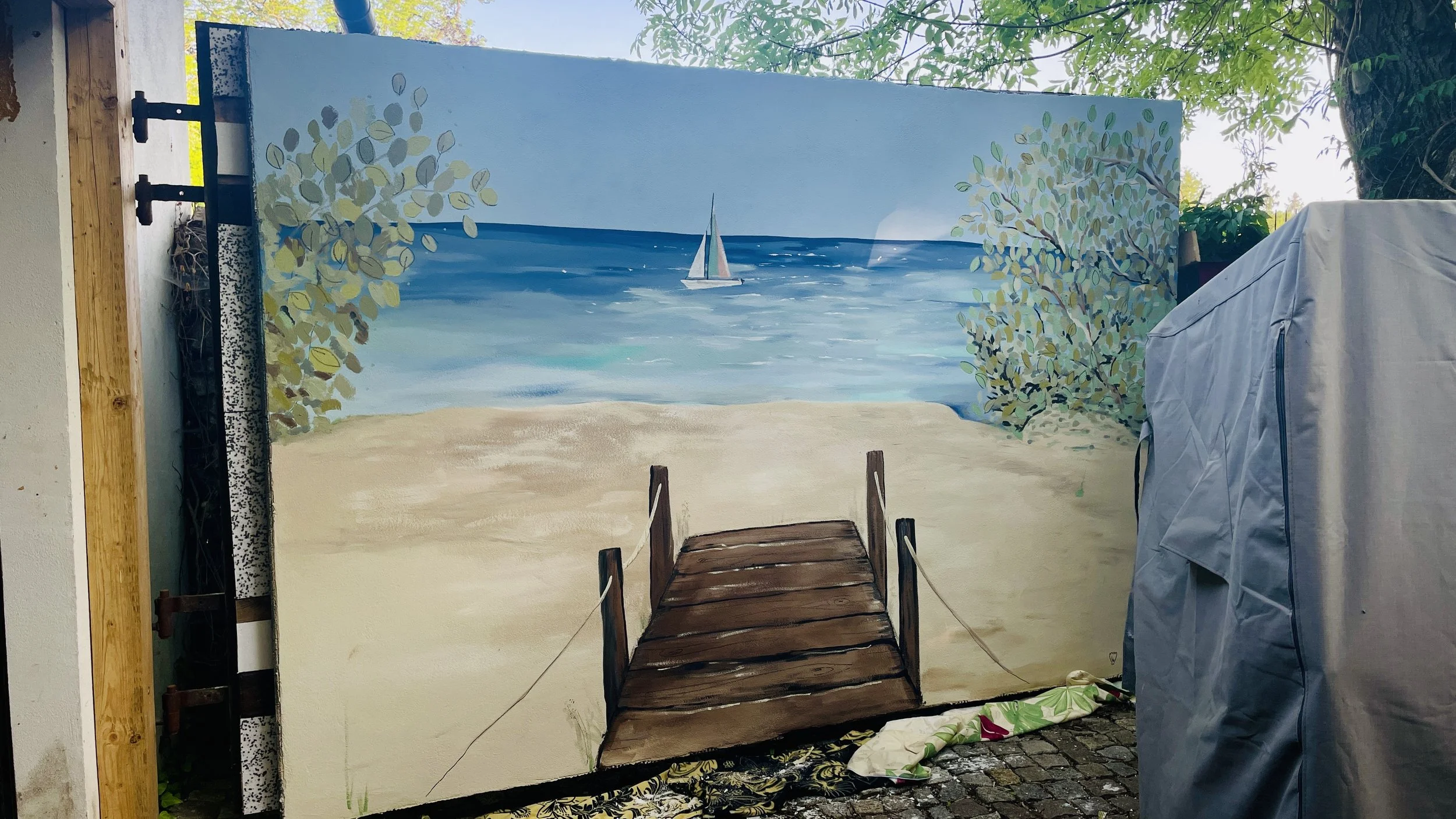 `Strand auf Kuba` Acrylfarbe auf verputzter Fläche im Außenbereich 