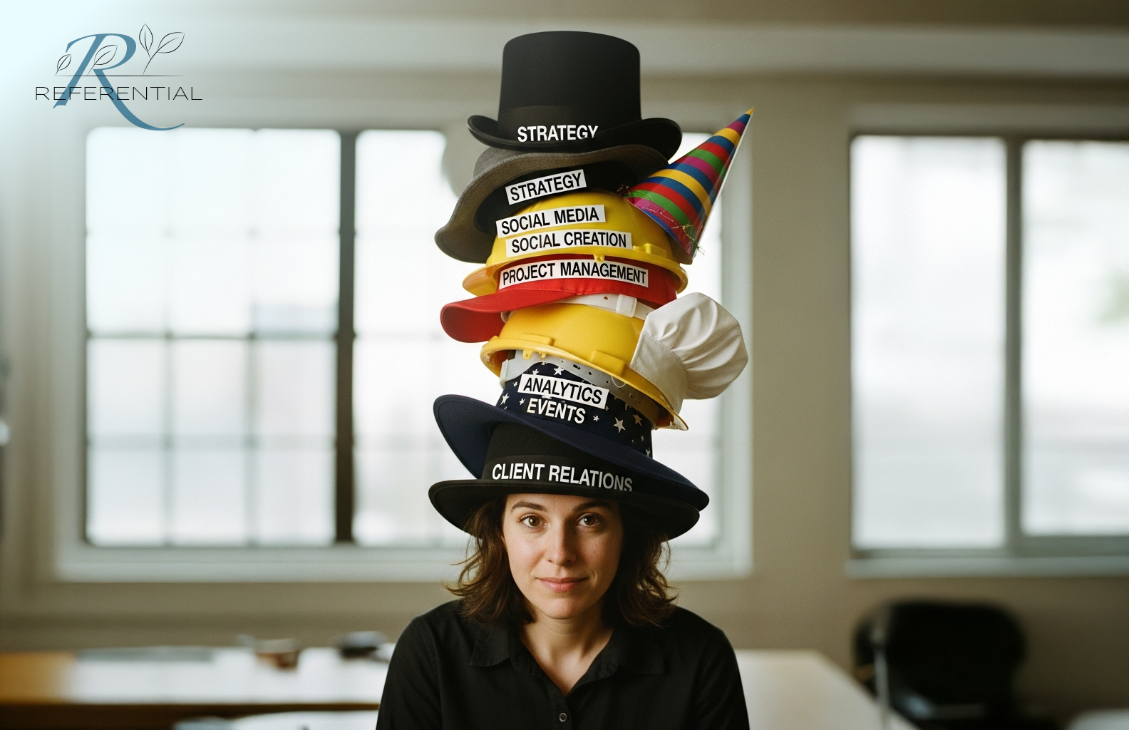 Marketer balancing multiple hats labeled strategy, social media, project management, and more—symbolizing multitasking in customer marketing and advocacy.