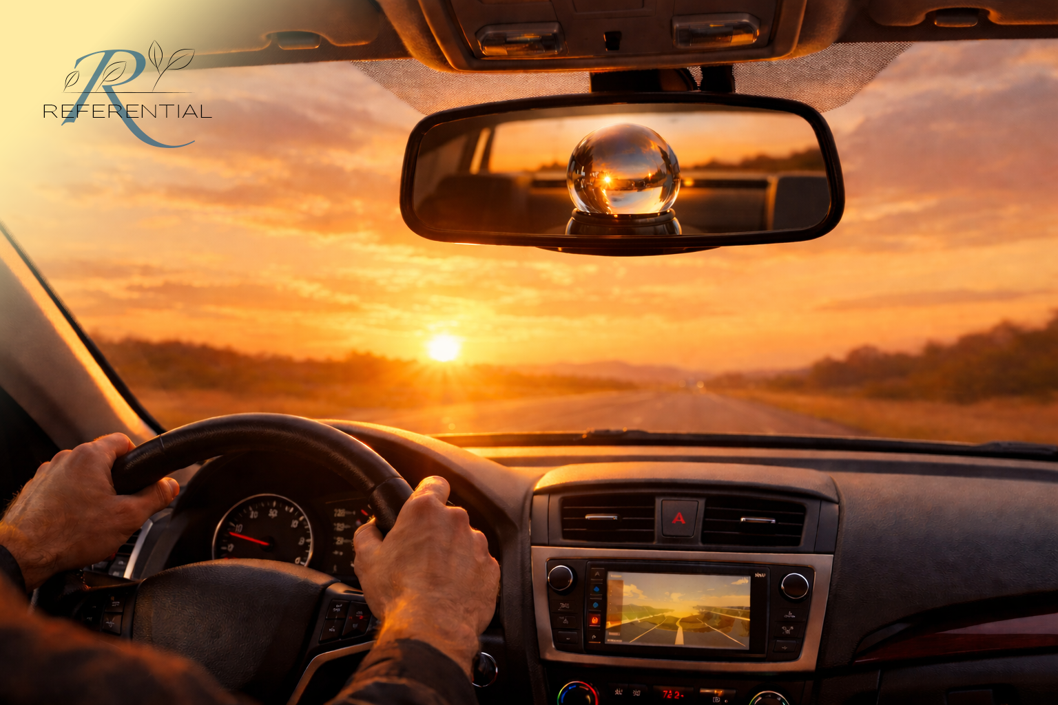 Driver’s view of a road at sunset with a crystal ball reflected in the rearview mirror, symbolizing reflection on 2025 customer advocacy predictions and looking ahead to 2026.