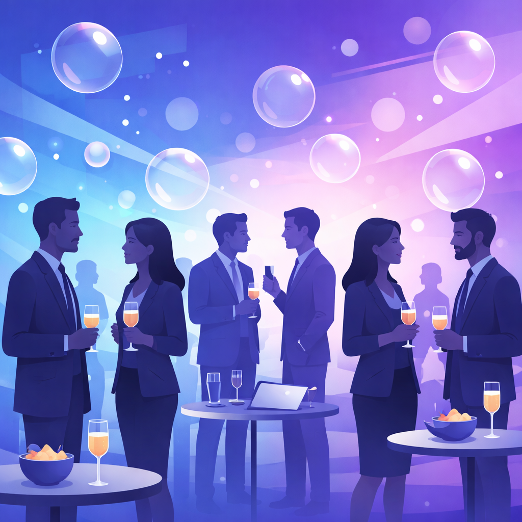 Illustration of professionals networking at the Beta & Bubbles event hosted by Trusted.io, representing trust-led growth, customer advocacy, and the launch of Trusted’s beta platform.