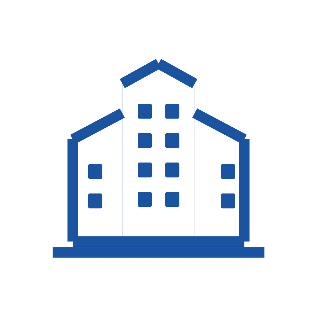 A blue outline drawing of a multi-story residential building with three sections and multiple windows.