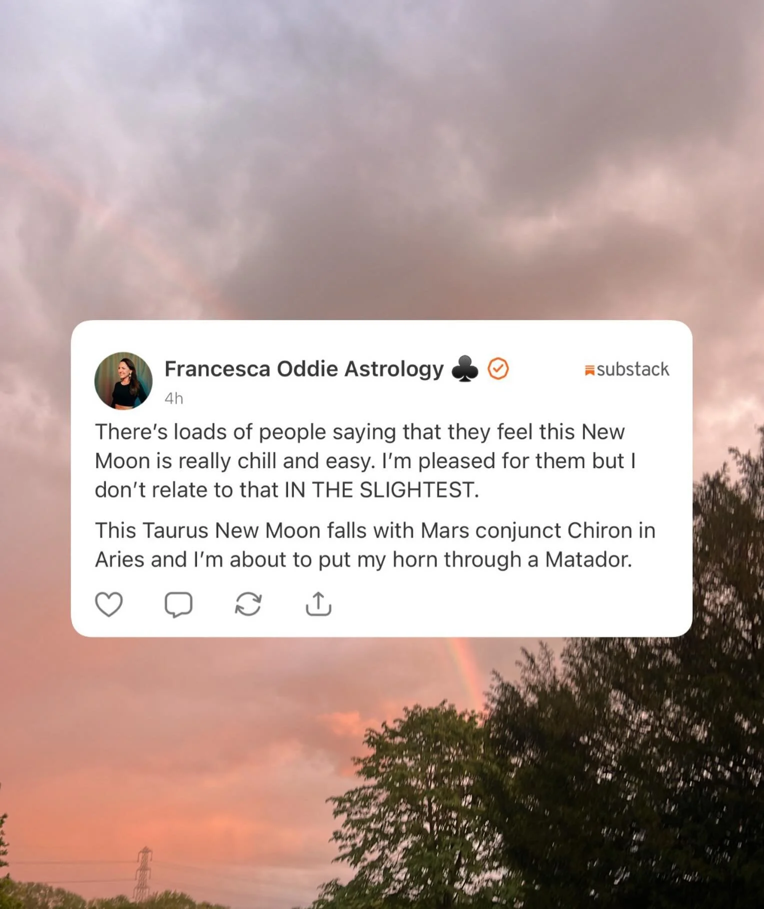 🐂 we know that Taurus is chill but also we know that astrology is not 12 signs of the zodiac all behaving politely.

It&rsquo;s a SKY full of things and it&rsquo;s fuelled by a Mars Chiron. 

The new moon is conjunct Algol and it&rsquo;s a seething,