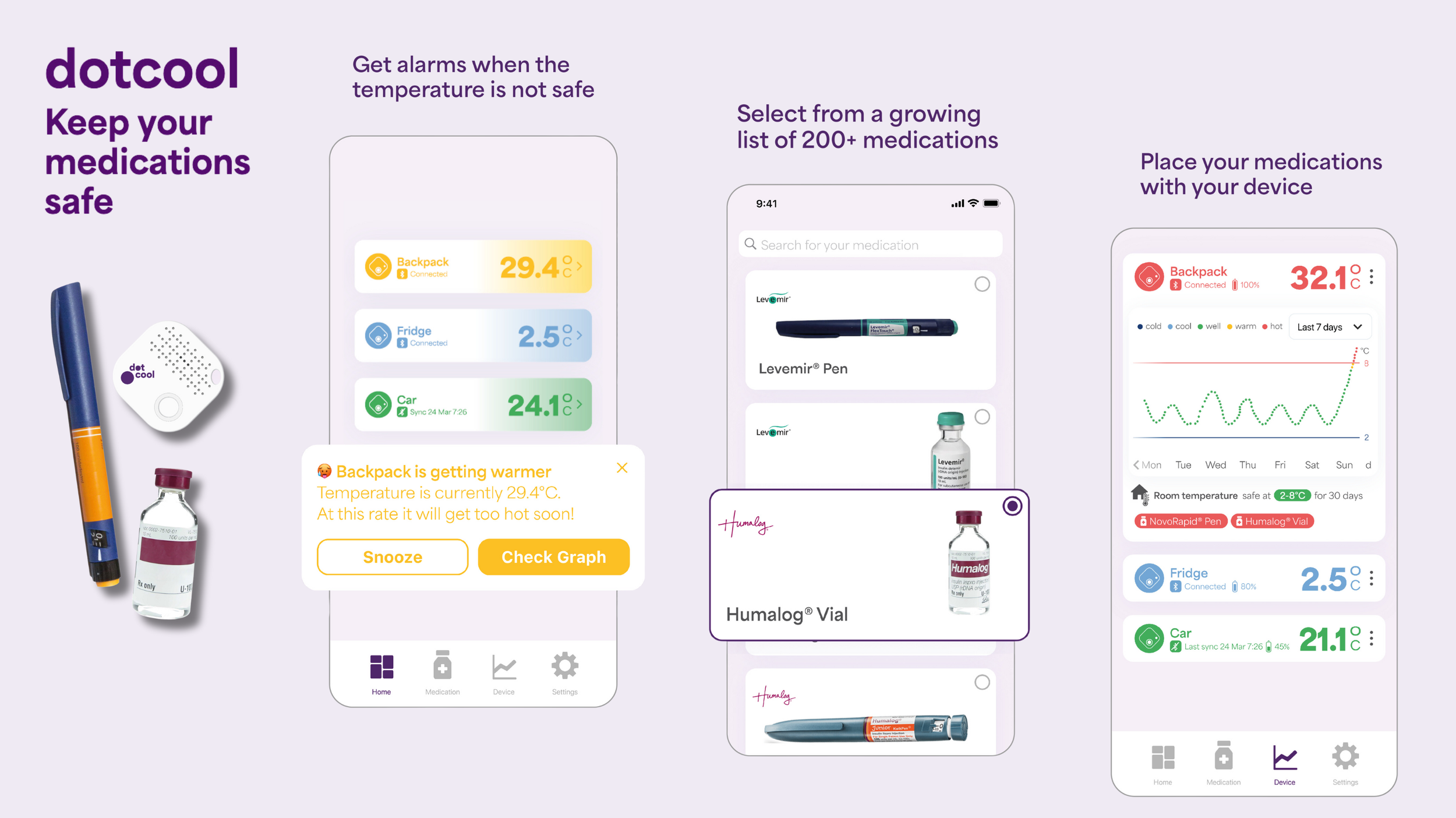 Image of a medication management app showing temperature monitoring, medication selection, and device integration features, with various screens displaying temperature data, medication options, and graphs of temperature trends.