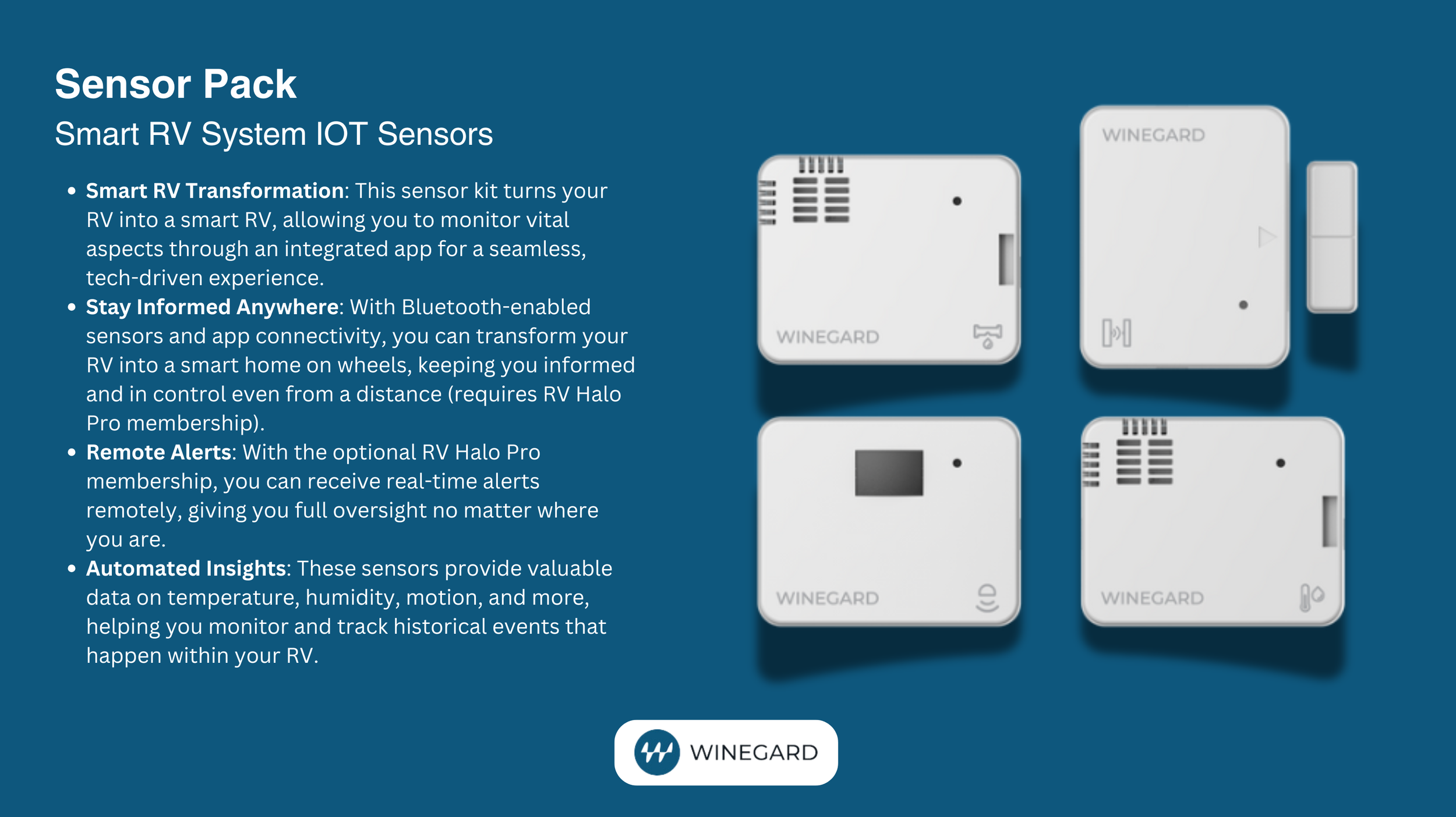 Poster advertising WINEGARD sensor pack for smart RV systems, showing four IoT sensors with descriptions of their features.