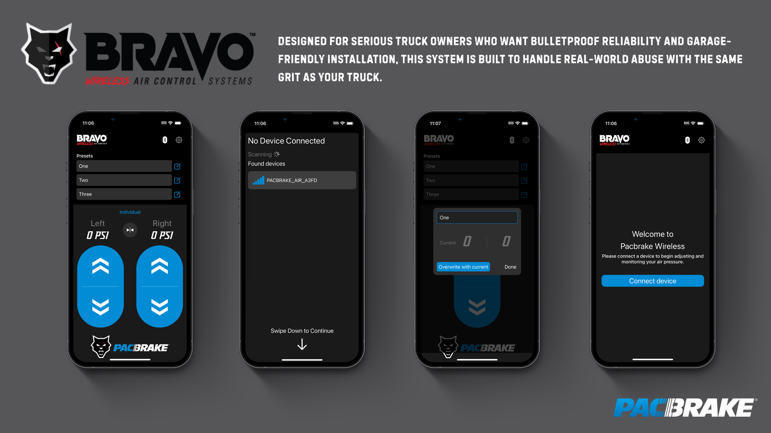 Four smartphone screens displaying the interface of the Bravo wireless air control system. The first screen shows preset options and pressure controls for left and right tires. The second screen indicates no device connected and shows a device listed as PACBRAKE_AIR_A3FD. The third screen shows device editing options. The fourth screen welcomes the user and prompts to connect a device. The Bravo logo and branding are present on all screens.