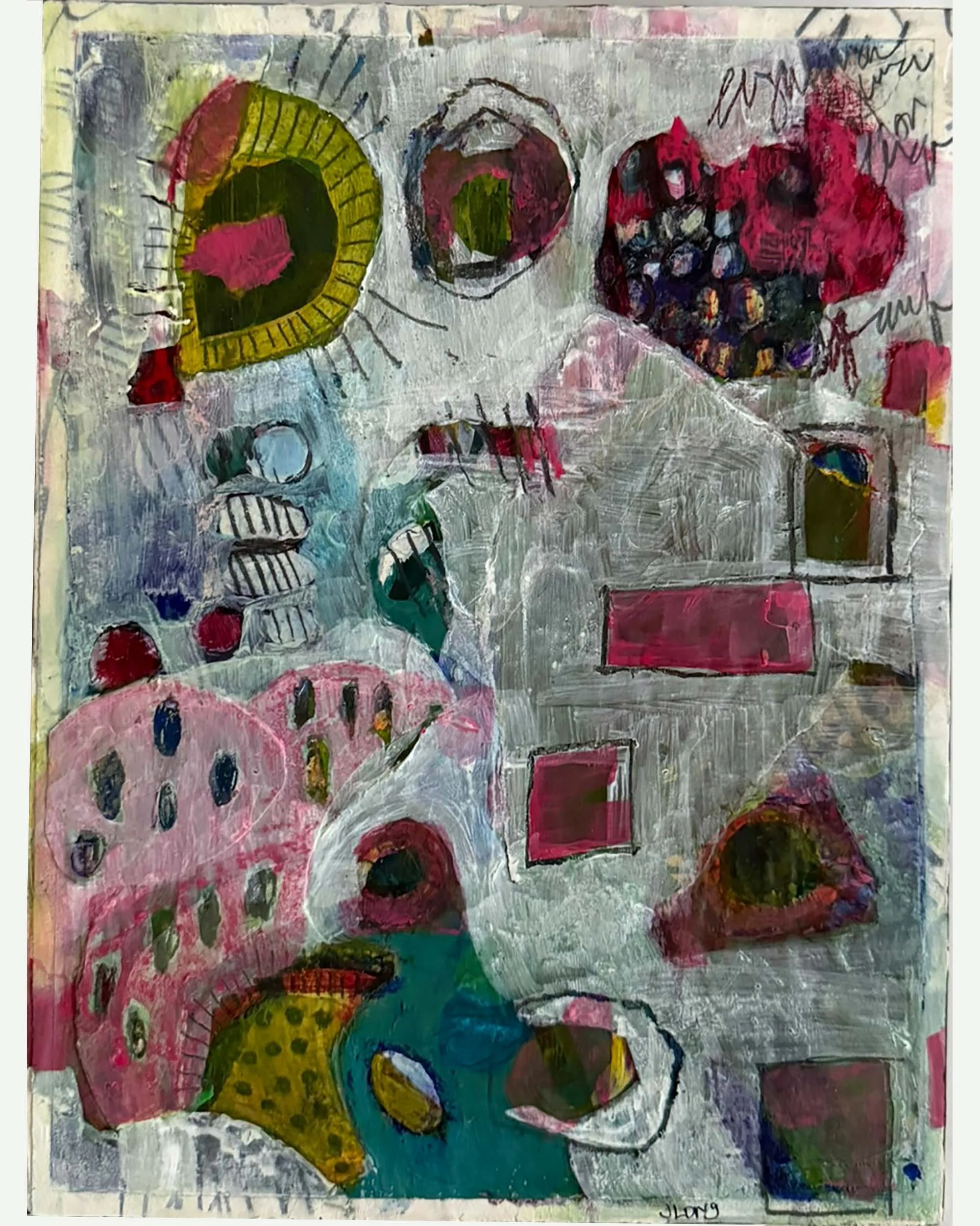 Abstract painting with colorful shapes, circles, rectangles, and scribbles, featuring pink, green, yellow, blue, and red hues.