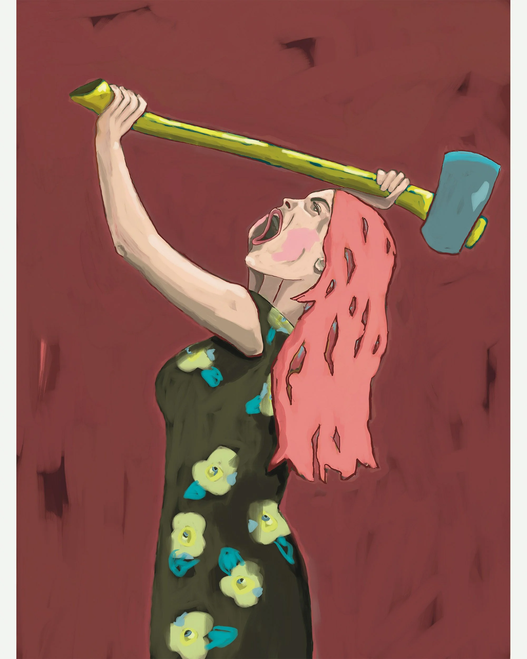 Illustration of a woman with pink hair, wearing a black dress with yellow and blue flowers, holding a large hammer above her head, appearing to shout or yell.