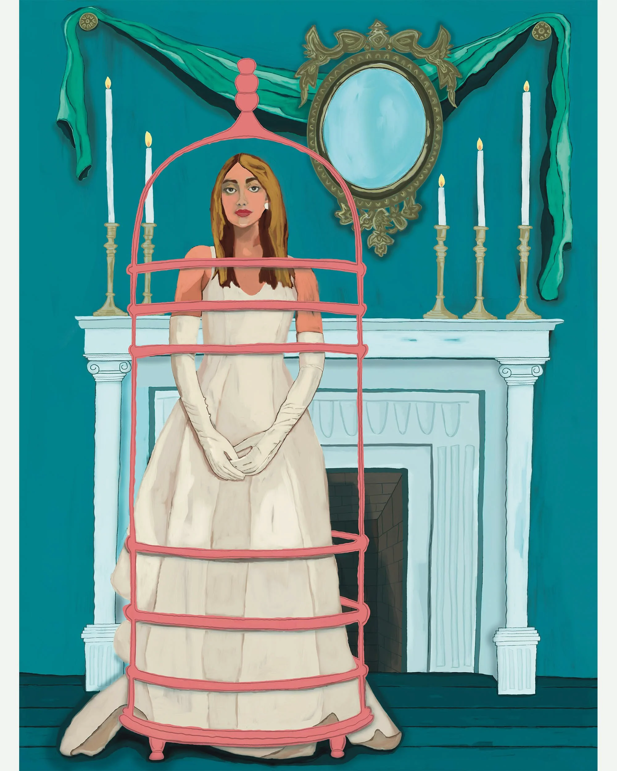 An illustration of a young woman in a vintage white dress and long gloves standing inside a pink birdcage in front of a white fireplace with five lit candles and an ornate oval mirror above it. The background features teal walls with green drapes.
