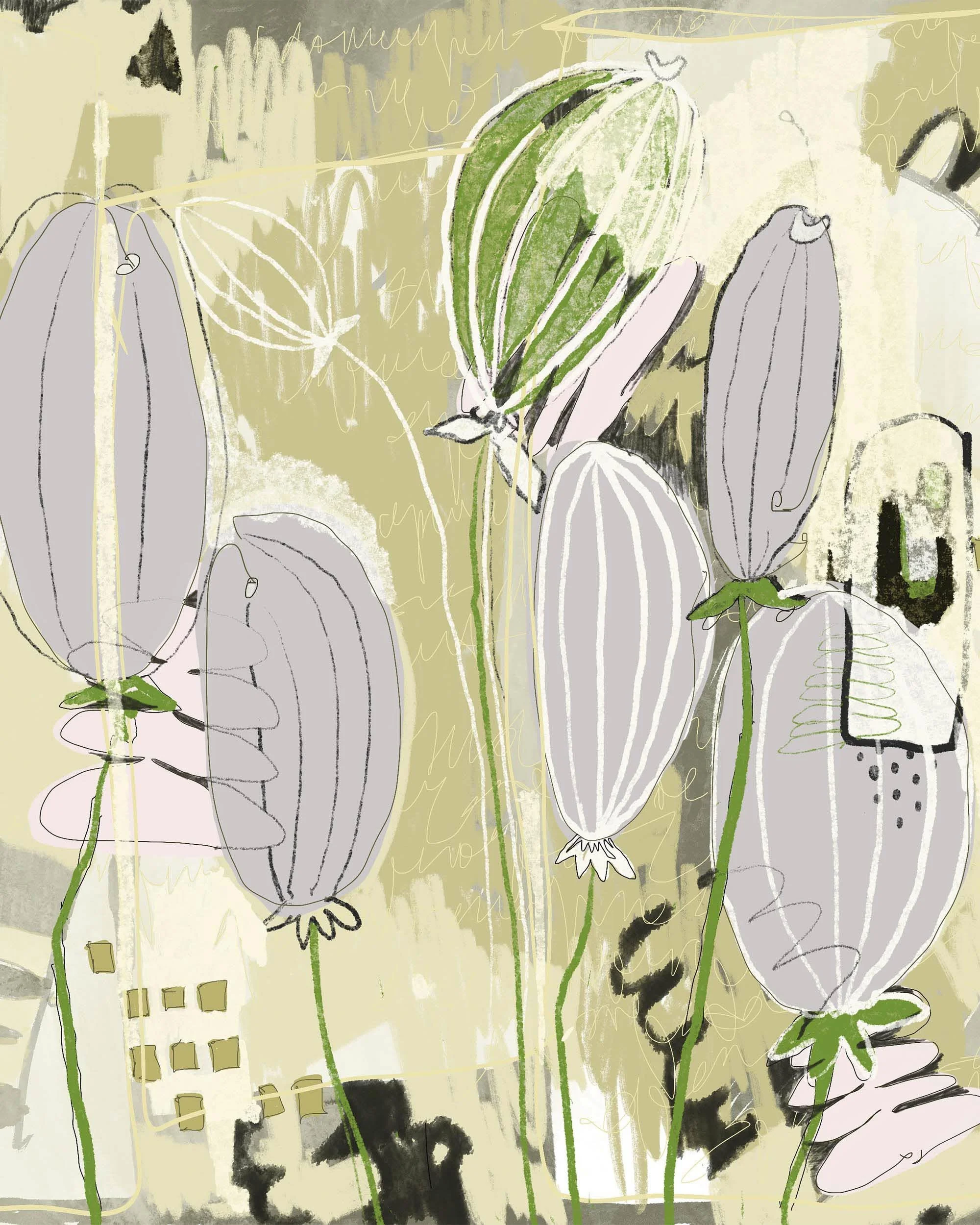 Abstract illustration of tall, elongated flowers with striped patterns, in shades of green, gray, and black, on a muted yellow background with scribbles and geometric shapes.