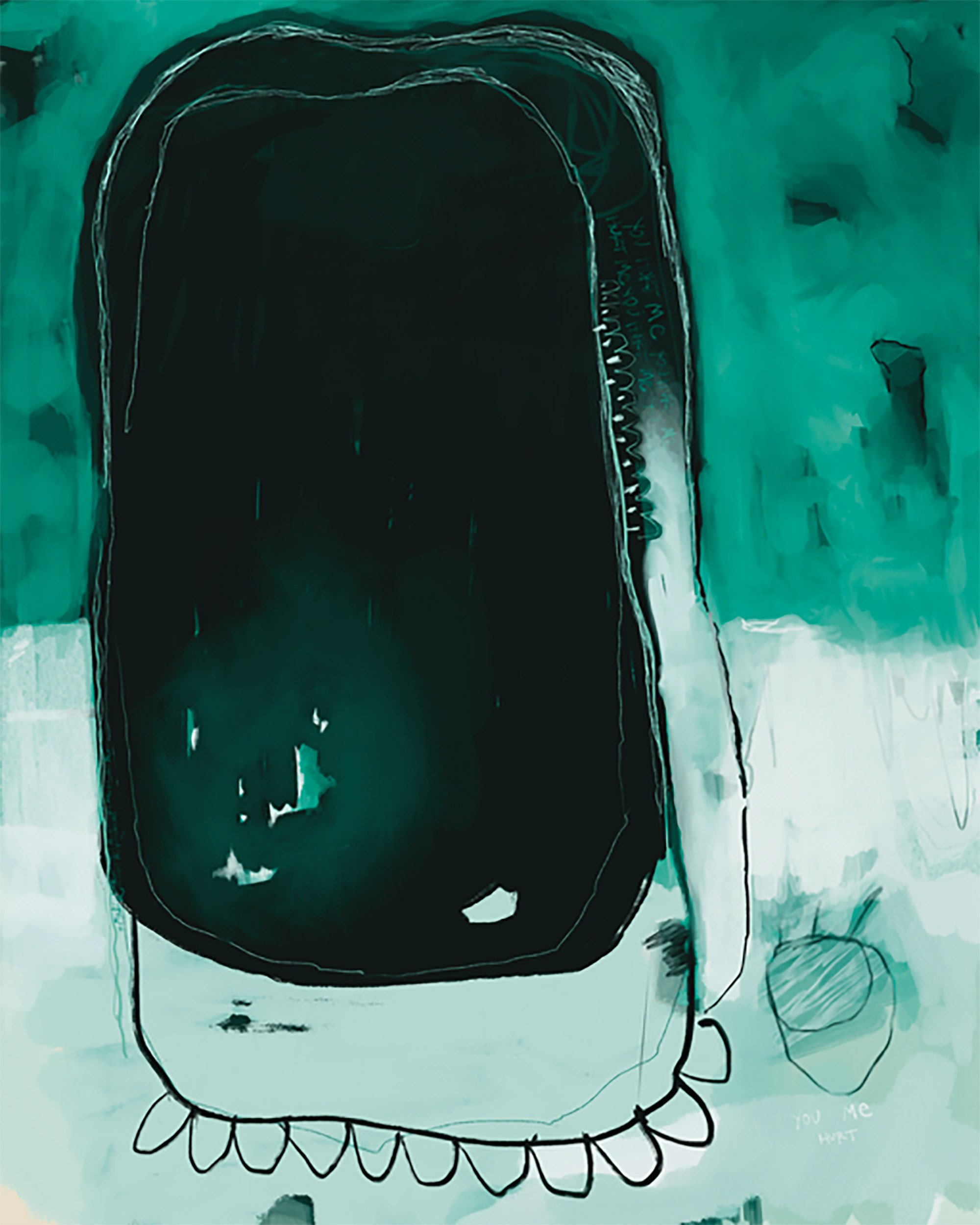An abstract digital painting of a large black object resembling a television or monitor, with a teal background and white accents. There is text that says "You me hart" in the bottom right corner.
