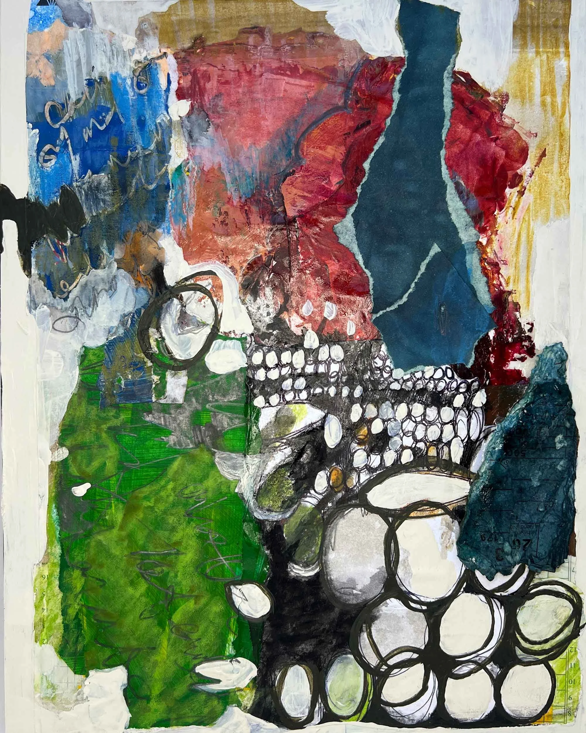 Abstract mixed-media artwork featuring various colors including red, blue, green, black, and white, with layered textures, shapes, and text elements.