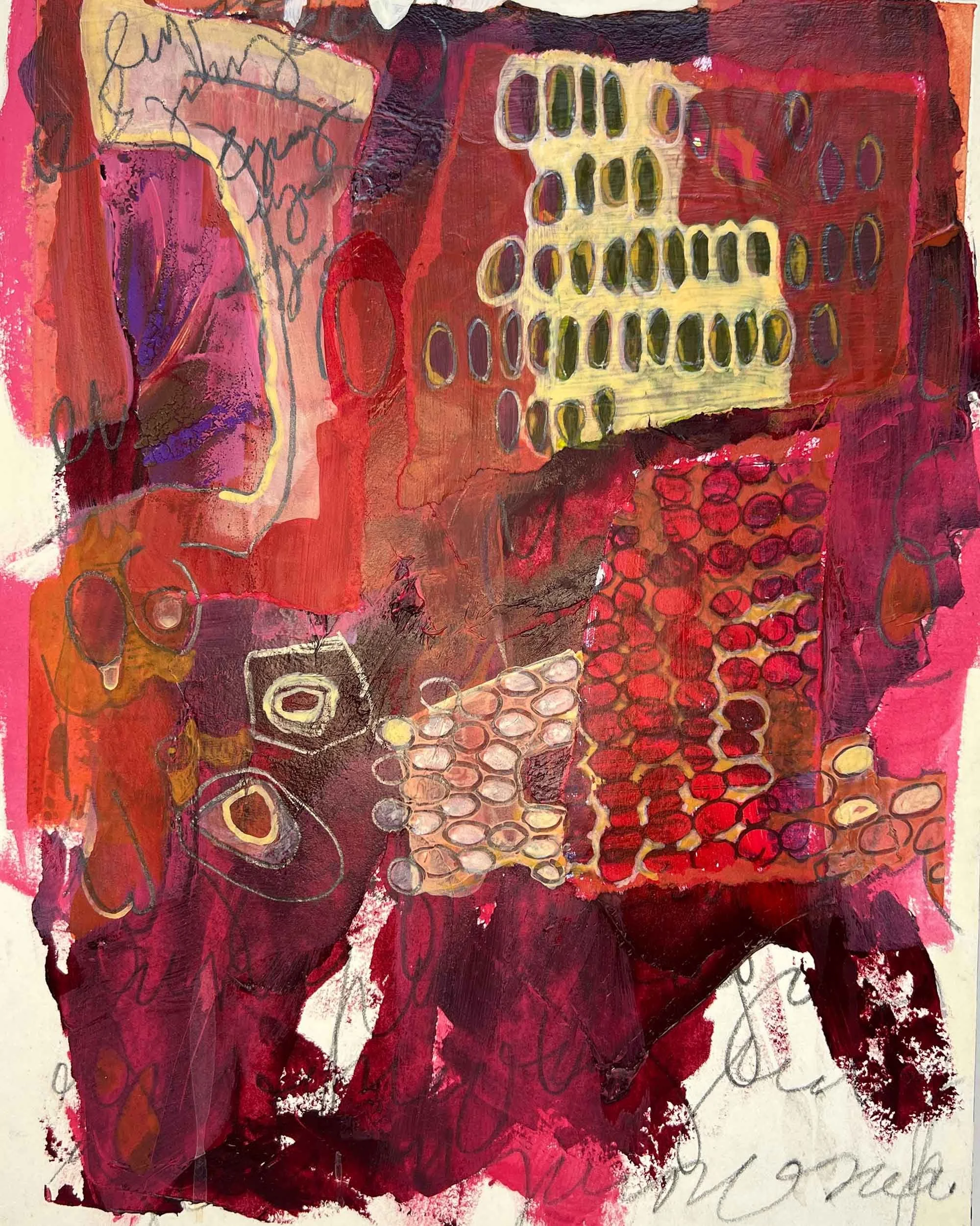 Abstract mixed media artwork with various red, pink, purple, and beige shapes, scribbles, and patterns, including circular and rectangular designs.