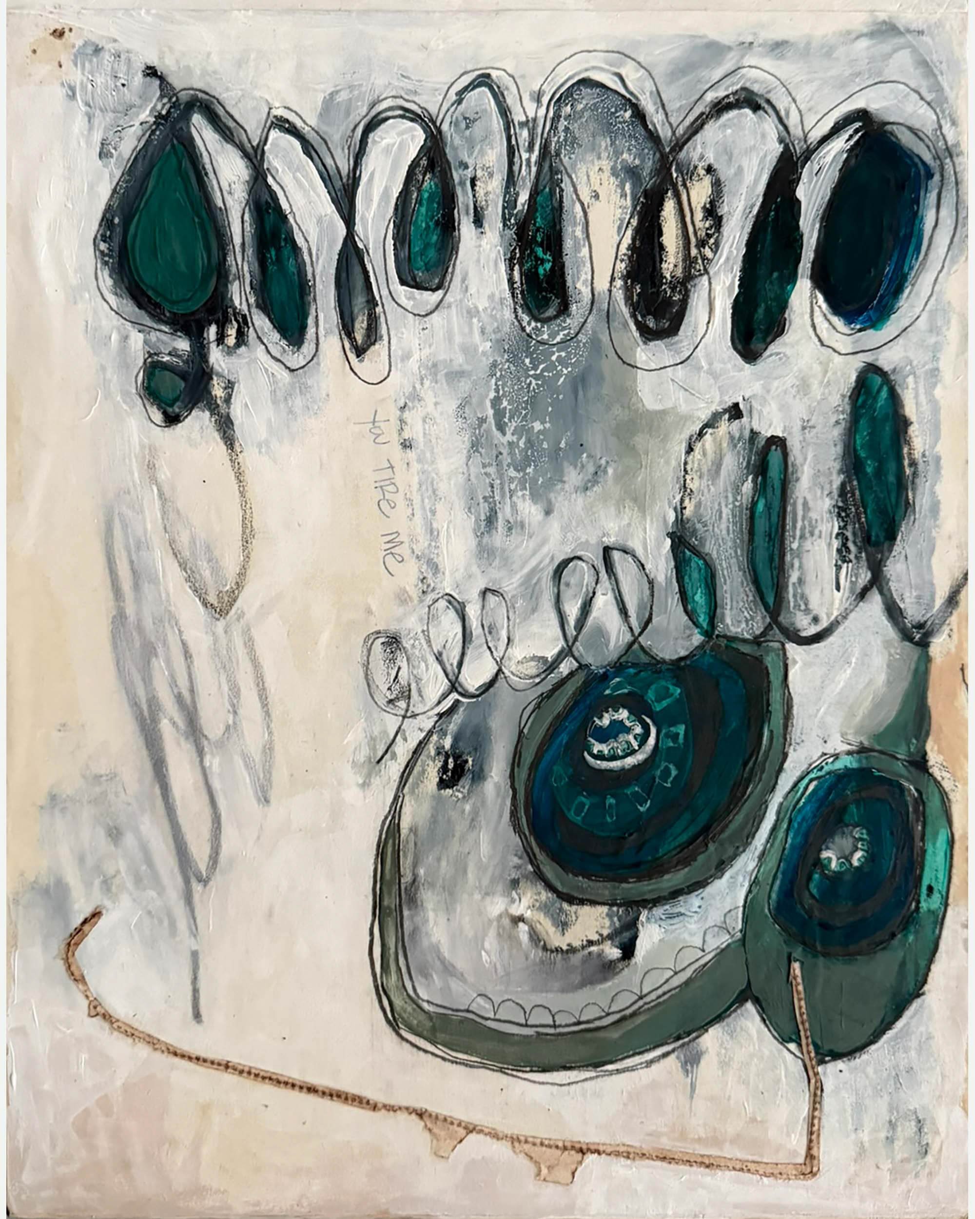 A mixed media abstract painting featuring a vintage rotary phone and a skull outline, with handwritten text 'to the me' and abstract shapes in gray, teal, and black.