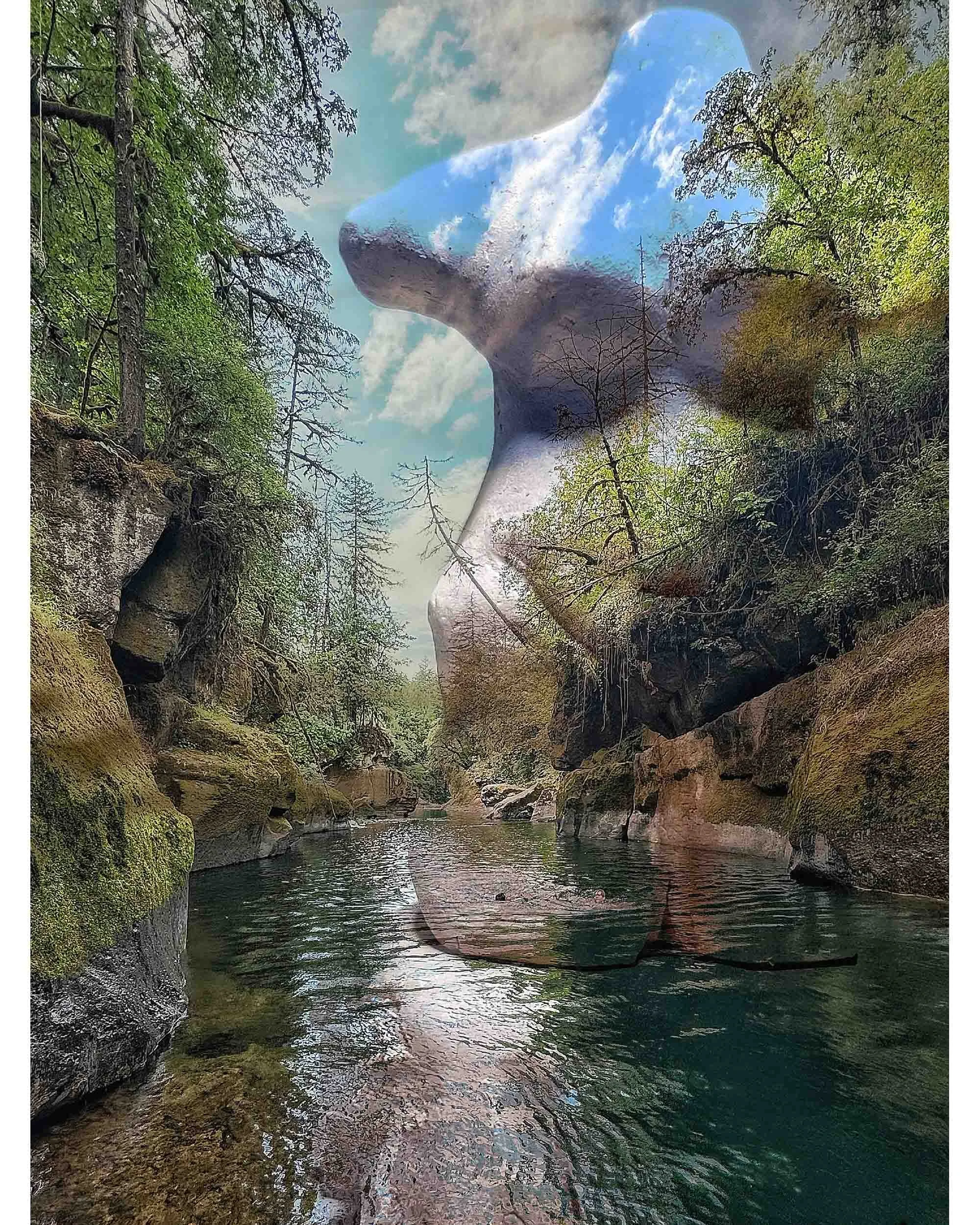 A photo of a river flowing through a rocky canyon surrounded by trees, with a superimposed ghostly profile of a woman's face in the sky, blending with clouds and blue sky.