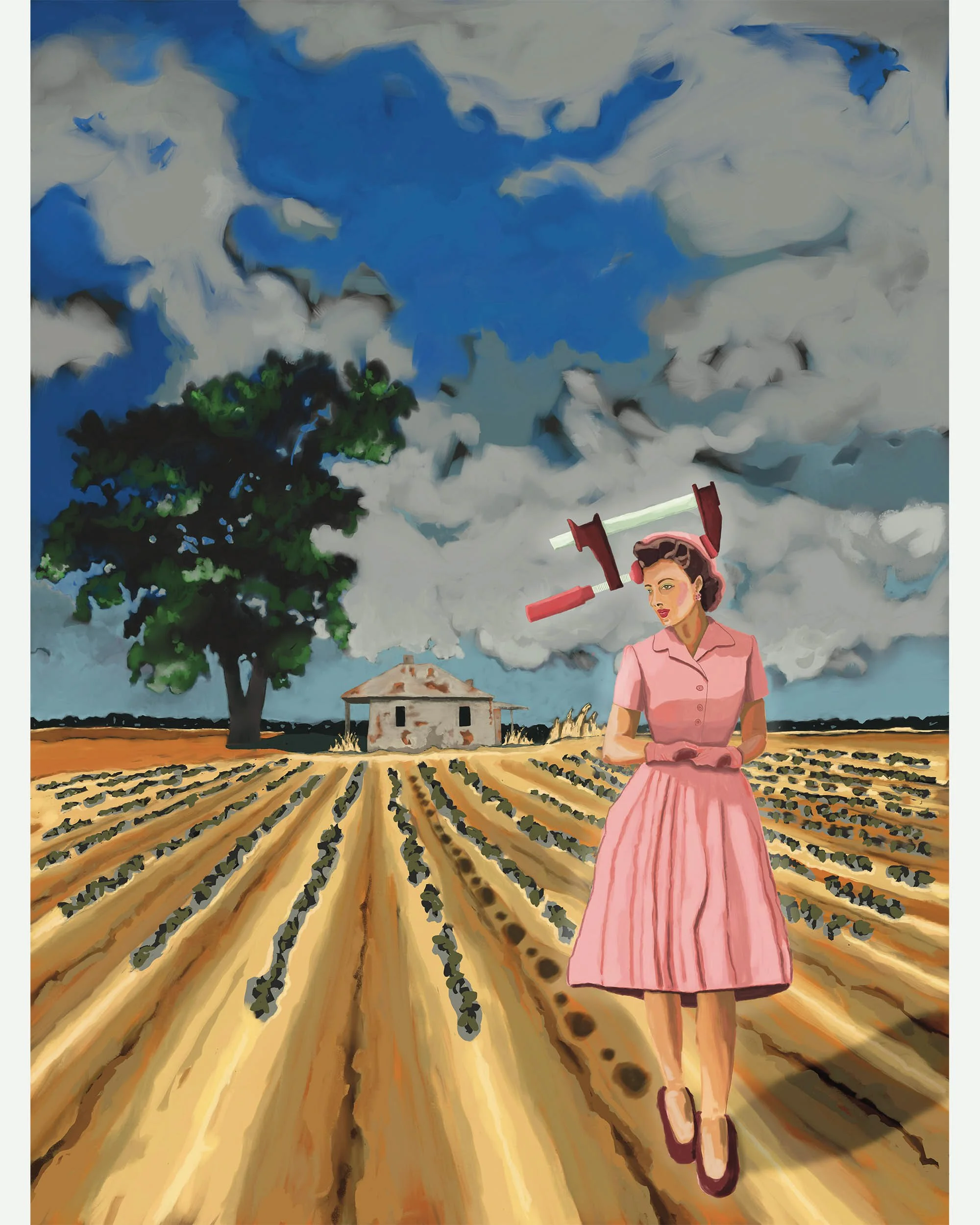 A woman in a pink dress and gloves flying over a farm field with a large tree, a small house, and stormy clouds in the background, with a rubber sword on her head.