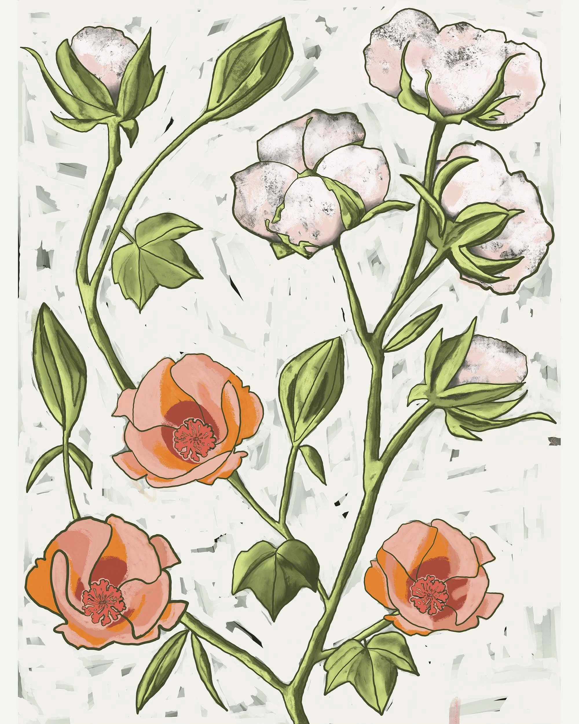 Illustration of a flowering plant with orange-pink blossoms, green leaves, and stems, depicted in a watercolor style.