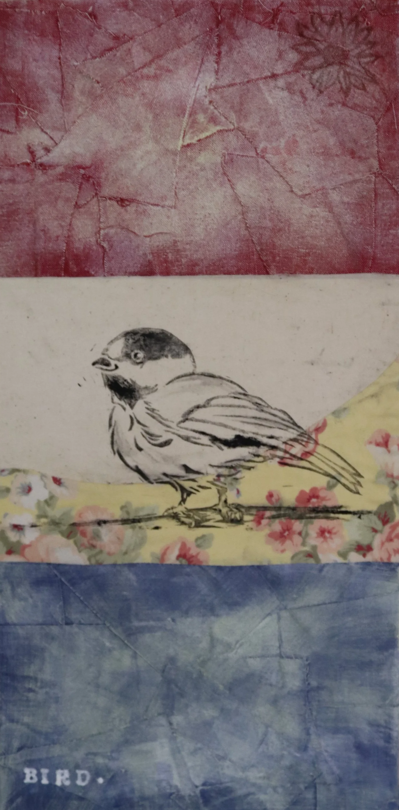 Bird., Linocut on collaged canvas, 8 × 16 in.