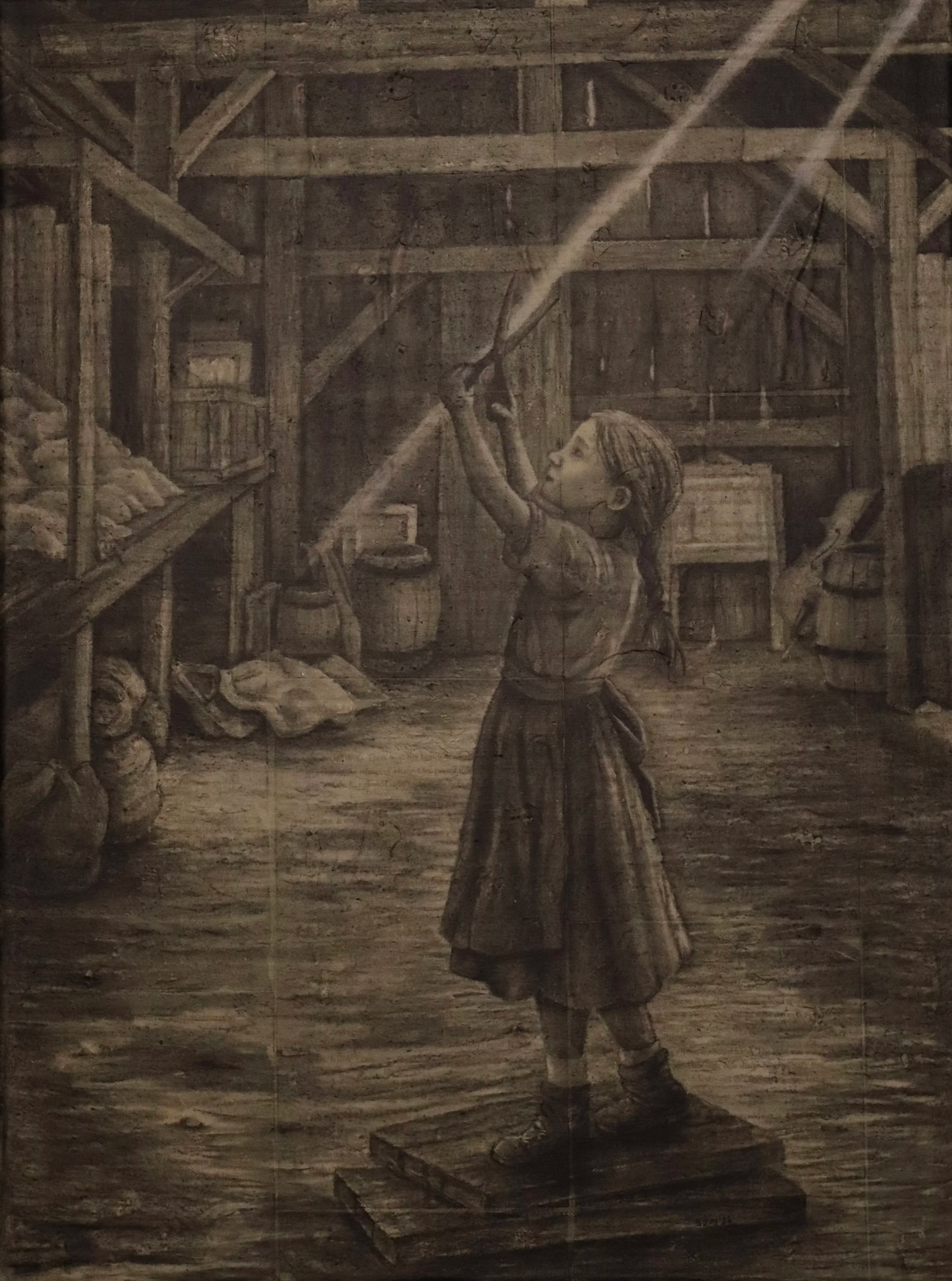 I Must Know!, Charcoal on collaged canvas, 18 × 24 in.