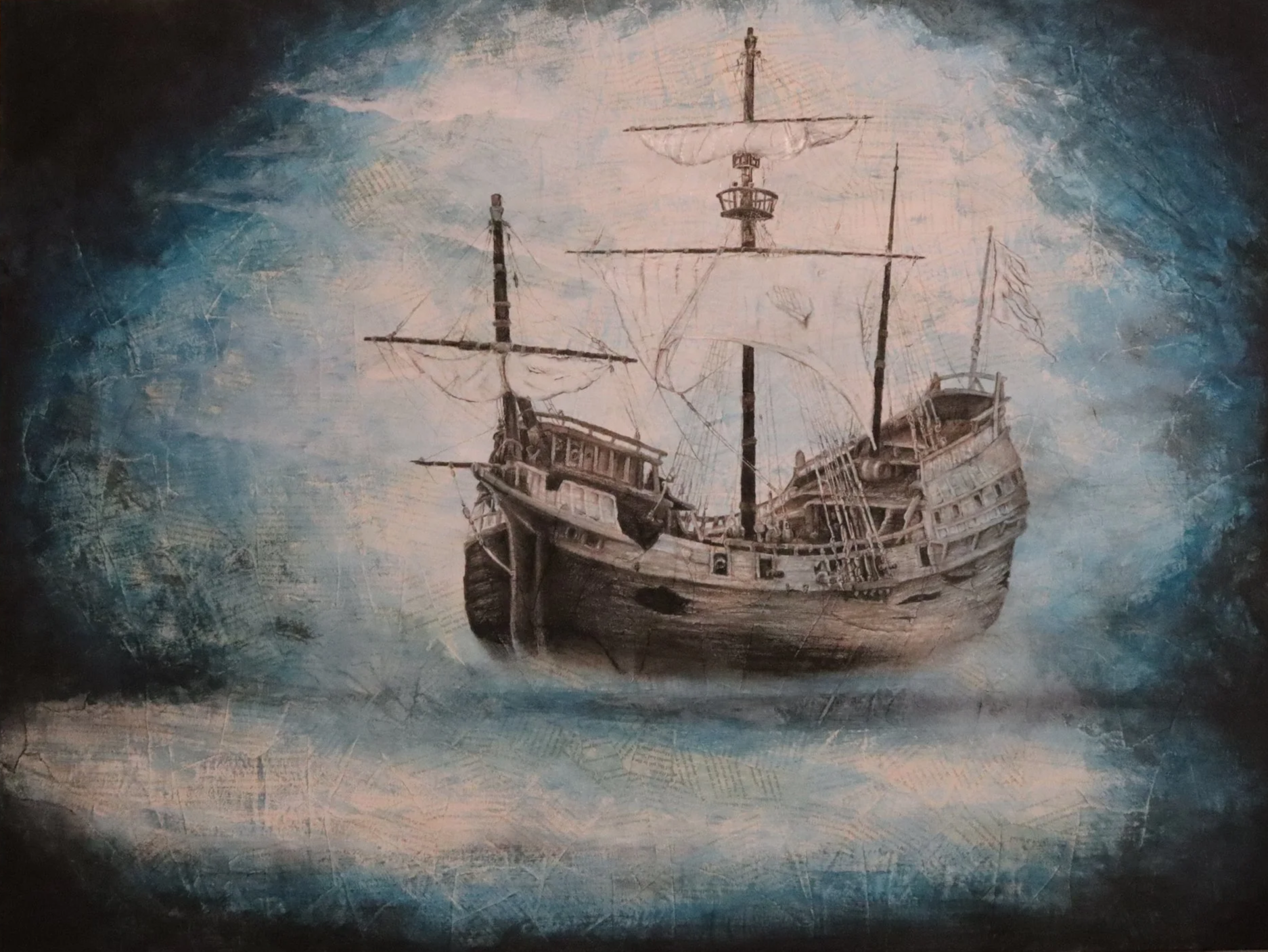 Held by Light, Charcoal and acrylic on collaged canvas, 48 × 36 in.