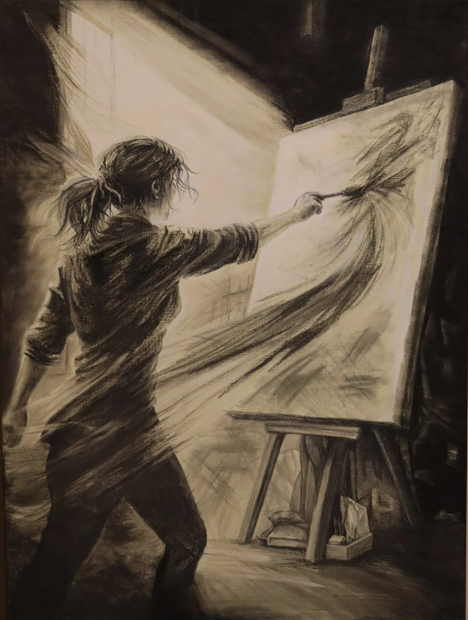 When It’s Working, Charcoal on painted canvas, 36 × 48 in.