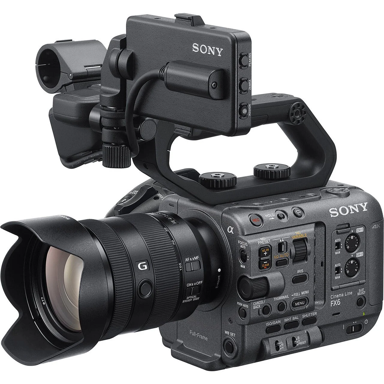 A professional Sony 4K video camera with a large lens, mounted with an external monitor and multiple control buttons.
