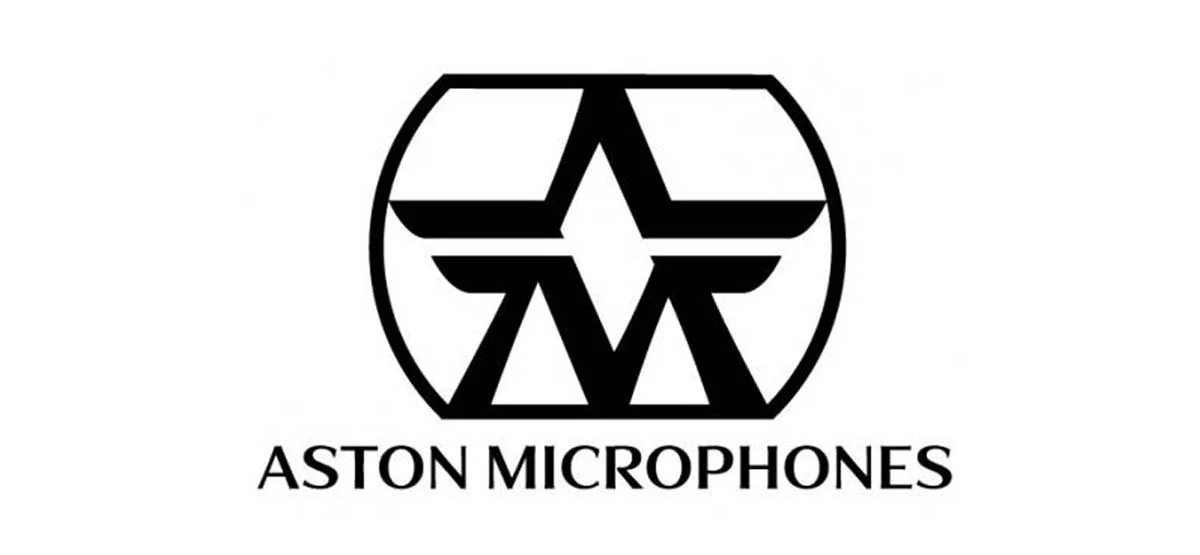 Black and white logo for Aston Microphones, featuring a stylized geometric star within an oval shape.