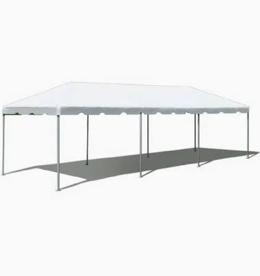 Empty white event tent with metal frame and open sides against a white background.