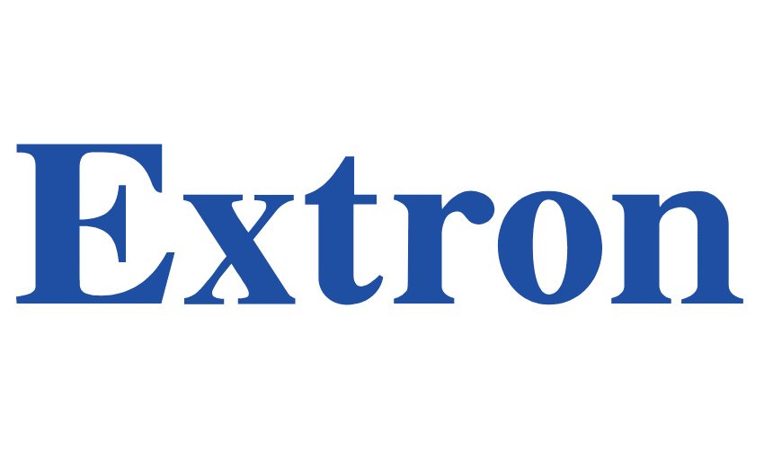 Extron logo in blue letters on a white background.