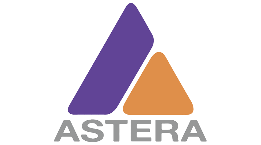 Logo with two stylized triangles, one purple and one orange, above the word "ASTERA" in gray capital letters.