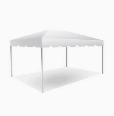 A white outdoor canopy tent with four legs and a peaked roof.