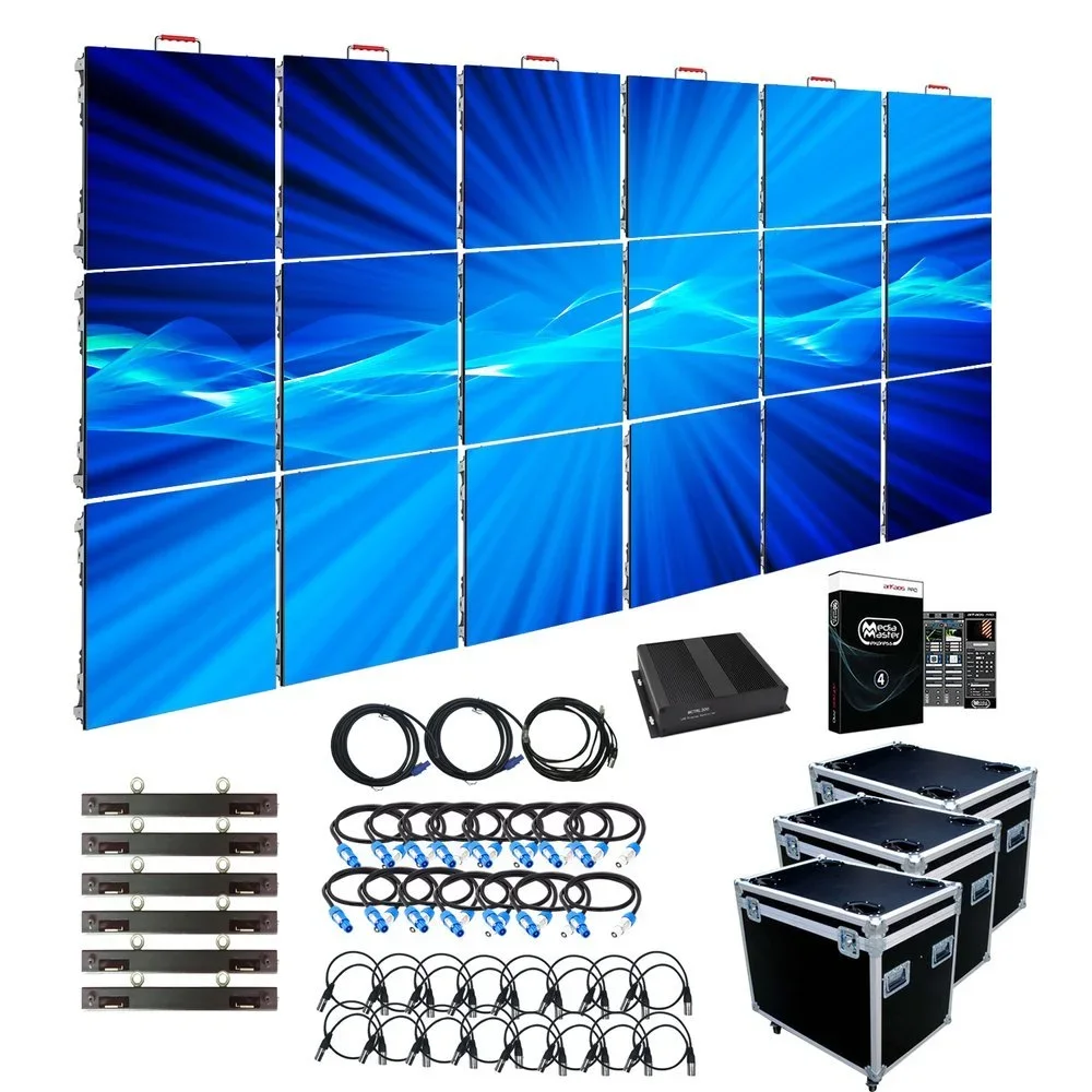 A large setup of multiple blue screens, along with various cables, black flight cases, mounting brackets, a control unit, and lighting accessories for a digital or LED display system.