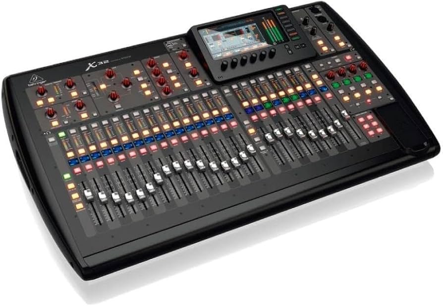 Audio mixing console with colorful faders and knobs, featuring an integrated touchscreen display for sound control and adjustment.