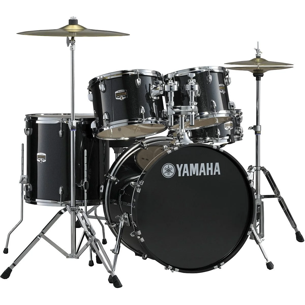 Black Yamaha drum set with cymbals on stands.