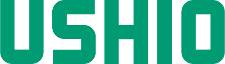 Close-up of a green Ushio logo on a white background