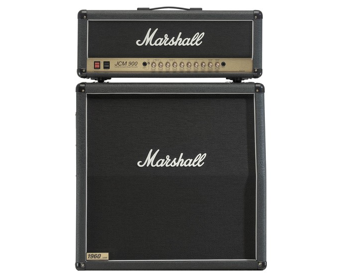 A Marshall guitar amplifier head and speaker cabinet stacked on top of each other.