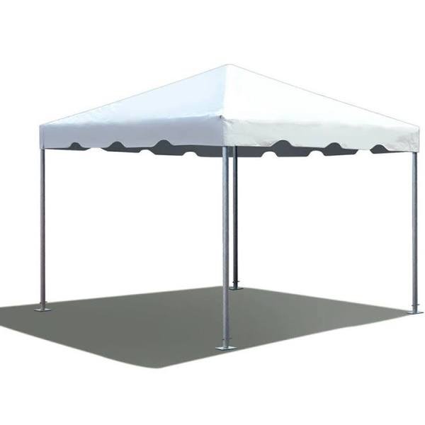 A white outdoor event tent with metal poles and a gray ground cover.