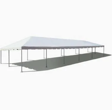 Large white event tent with metal poles and open sides, casting a shadow on the ground