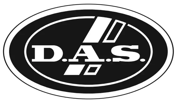 Logo with the text 'D.A.S.' inside an oval shape, featuring stylized lines and geometric elements.